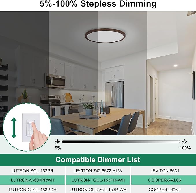 Brightever 2 Pack LED Flush Mount Ceiling Light, 12 Inch 24W, Super Slim 0.67 Inch 3200LM Ceiling Light Fixture Walnut Wood Color, Dimmable & 2700K-6500K 5 Color in One Ceiling Lamp for Farmhouse