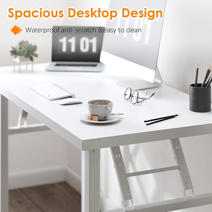 Need Office Computer Desk 54.3 Inch Sturdy Folding Laptop Table White | White Frame Writing Gaming Work Table/Foldable Home Office Desk/Sewing Table, No Assembly Required