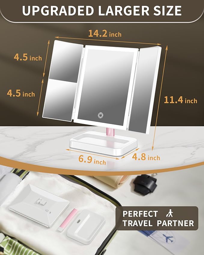 Lighted Makeup Mirror, Dimmable Vanity Mirror with Lights, Three Color Lighting Modes, and 1X 2X 3X Magnification