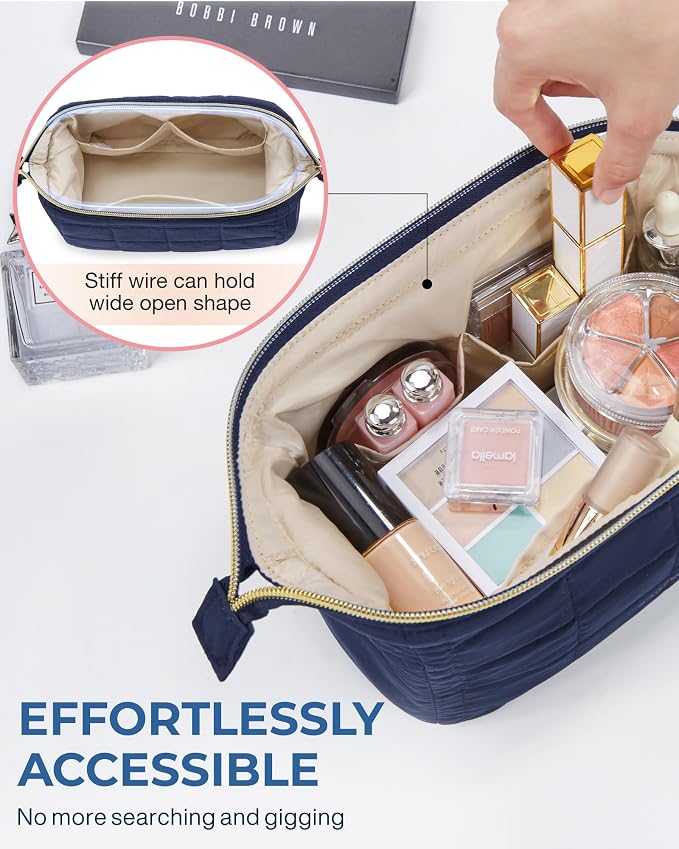 BAGSMART Makeup Bag Travel Toiletry Bag, Wide-open Zipper Pouch, Navy Blue | Puffy Padded, Travel Essentials, Make Up Bag, For Women, Makeup Organizer, Toiletries Accessories Brushes