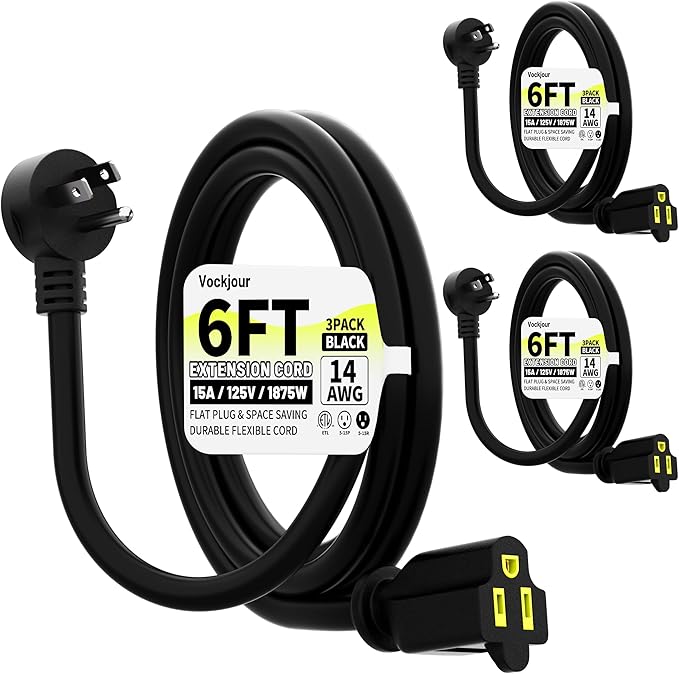 Vockjour 6 FT 3 Pack Black Low Profile Flat Plug 14 Gauge Heavy Duty Extension Cord, 14AWG 3-Wire Grounded Appliance Extension Cord, 15A/125V/1875W SJTW ETL Listed Power Cord