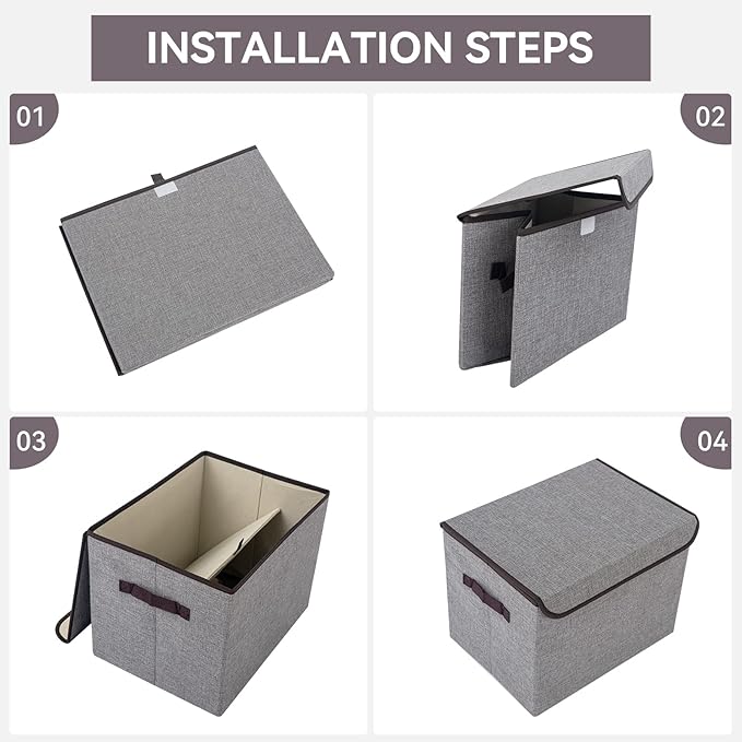 Linen Fabric Foldable Storage Cube Bin Organizer Basket with Flip-Top Lid & Handles, Large Clothes Blanket Box for Home, Office, Closet, Light Gray, 4 Pack 14.6 x 9.5 x 9.5”