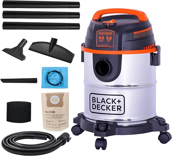 BLACK+DECKER Shop Vacuum Wet and Dry, 5 Gallon 3-in-1 Stainless Steel Shop Vac with Accessories, 4 HP Vacuum Cleaner, for Workshop, Home, Garage and Pet, BDXV18143
