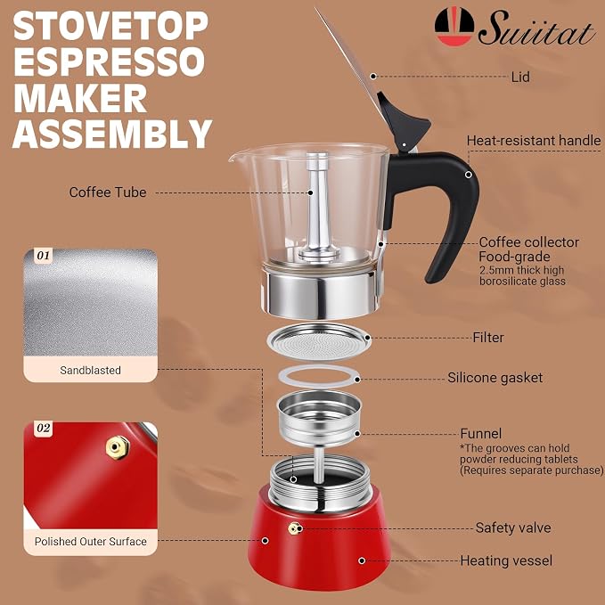4 Cup 200ml Glass Moka Pot, Stovetop Espresso Maker, Red | Crystal Glass-top & Stainless Steel Coffee Maker, Induction Compatible, for Greca de Cafe, Cuban and Italian Coffee Brewing