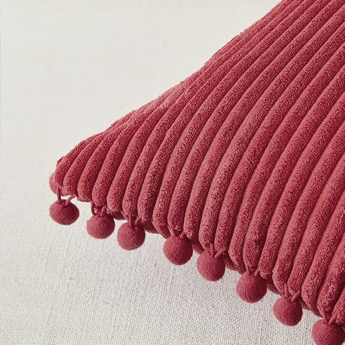 Fancy Homi 22x22 Pillow Covers, Pack of 2 Burgundy Throw Pillow Covers with Pom-poms, Super Soft Corduroy Square Solid Cushion Cover for Couch Sofa Bedroom Living Room 55x55 cm