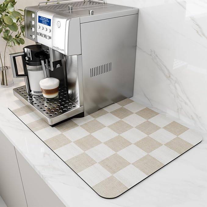AMOAMI Dish Drying Mat for Kitchen Counter-Coffee Mat Bar Accessories, Hide Stain, Rubber Backed, Absorbent, Fit Under Coffee Maker, Espresso Machine, Pot, Dish Rack,(12x19,Buffalo Beige)
