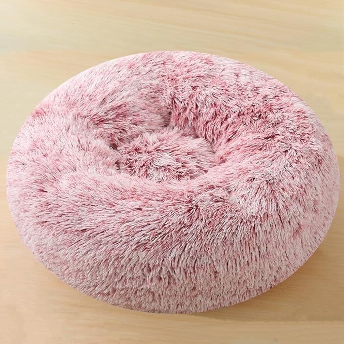Calming Small Dog Bed & Cat Bed, 16 Inch Donut Fluffy Anti-Anxiety Round Bed Washable Cute Bed, Cuddler Warming Cozy Soft Bed, Plush Cushion Bed for Small Medium Dogs and Cats (Rose White)