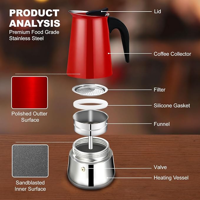 4 Cup Stovetop Espresso Maker Stainless Steel Moka Pot Stove Top Percolator Italian Coffee Makers Capable Mocha Greca Machine Cafe Classic Induction Cookers for Home and Camping 200ml 6.6oz