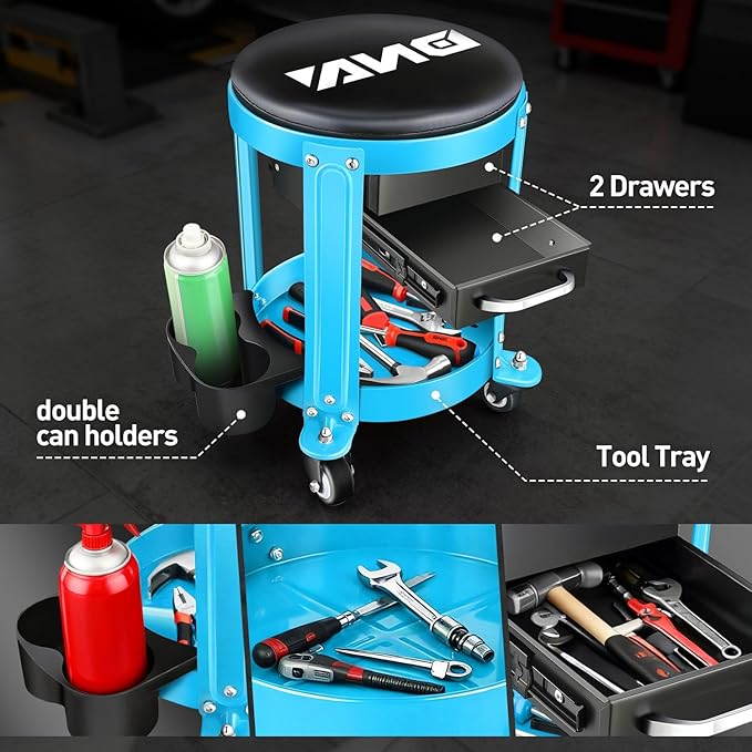 DNA Motoring Round Mechanics Roller Seat Creeper Stool with Padded Cushion, Tool Storage Drawer & Tray, 300 Lbs Max Weight Capacity, Blue, TOOLS-00492