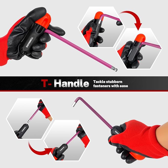 TOMMARS 26-PC Allen Wrenches Set Magnetic Ball End Extra Long Arm Allen Key Set With T-Handle Color Coded Hex Key Set SAE(0.05-3/8") Metric(1.27mm-10mm)