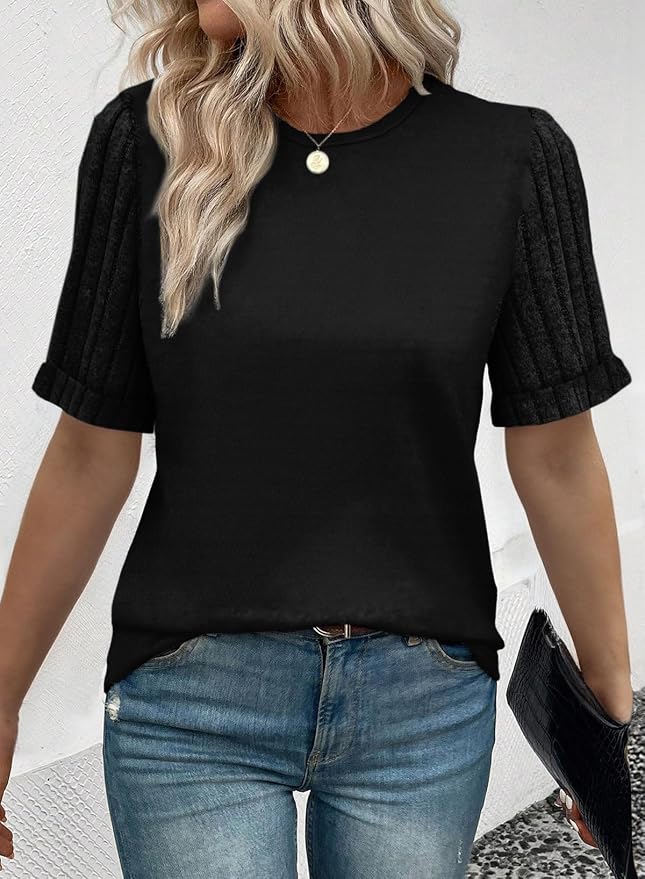 SHEWIN Women's Short Sleeve Summer Tops Crewneck Knit Solid Loose Casual Basic T Shirts Tee Blouses
