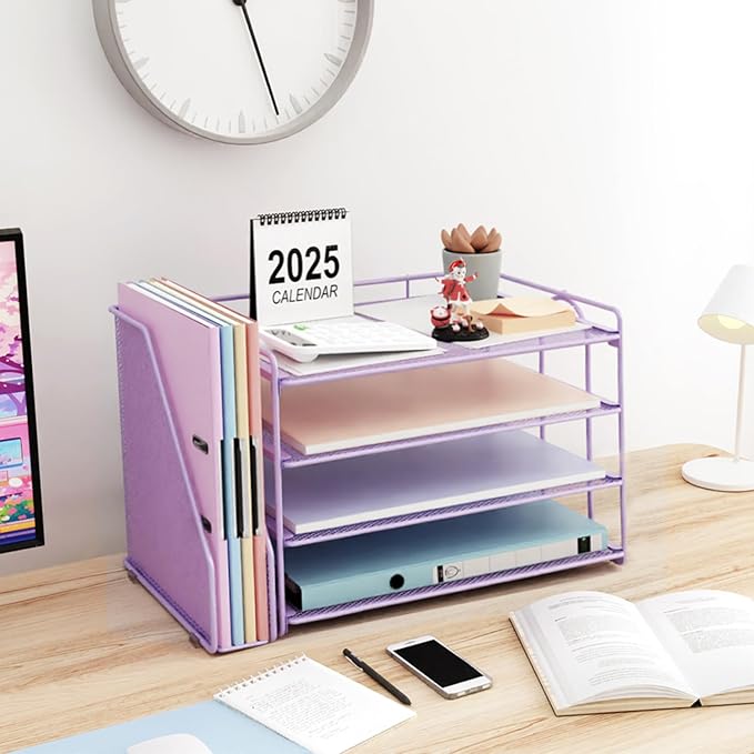 gianotter 4-Tier Paper Organizer With Magazine Holder | Desk Organizers and Accessories, File Organizer for Office Supplies Storag (Purple, 4-Tier)