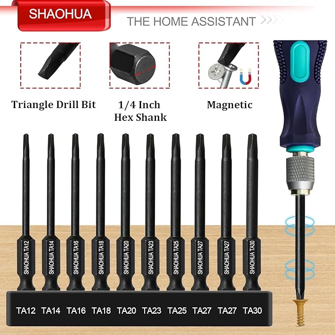 10PCS Triangle Screwdriver Set, S2 Steel Quick Change Bit Driver, Triangle Drill Bit Set Sizes TA12/14/16/18/20/23/25/27/30, 1/4 Inch Hex Head 2.55"(65mm) Triangle Head Screwdriver