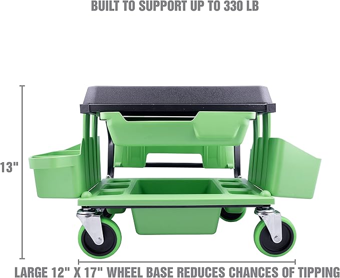OEMTOOLS Sidekick Rolling Mechanic Stool – 5 Tool Trays, Cushioned Seat, 330 lb Capacity (Green)