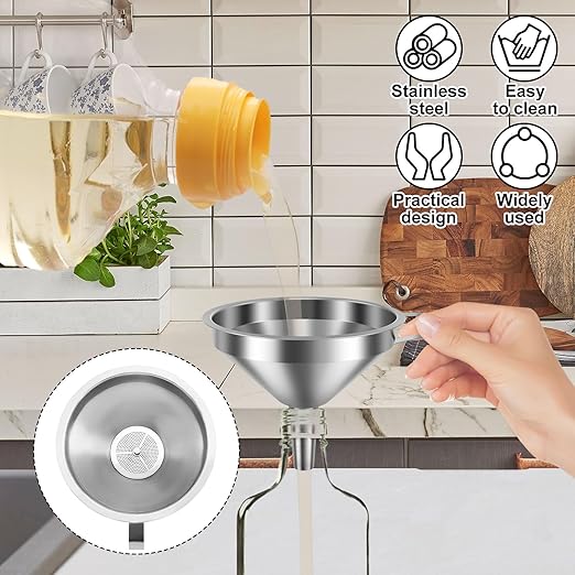 7 Pack Stainless Steel Funnel Set, 4 Sizes (5.91" 5.12" 4.33" 2.2") 304 Metal Kitchen Funnels with 3 Fine Mesh Strainers for Filling Bottles, Oil, Juice, Coffee, Milk, Tea