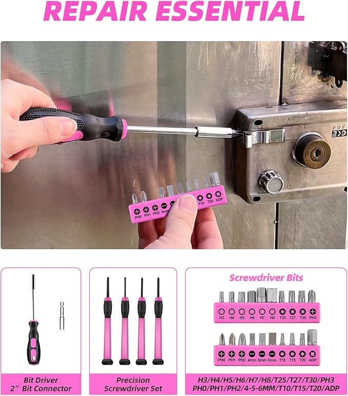 Tool Set Pink-40 Piece - General Household Hand Tool Kit with Plastic Toolbox Storage Case(Pink)