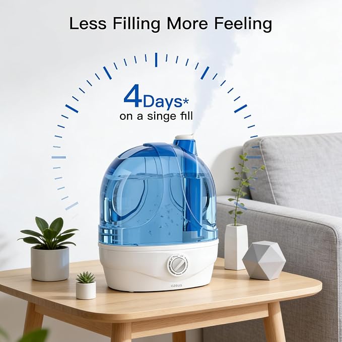 AZEUS 2.8L Large Capacity Ultrasonic Cool Mist Humidifier - Powerful Moisture Control for Comfortable Spaces, Lasts up to 30 Hours, Auto Shut-Off (BPA-Free)