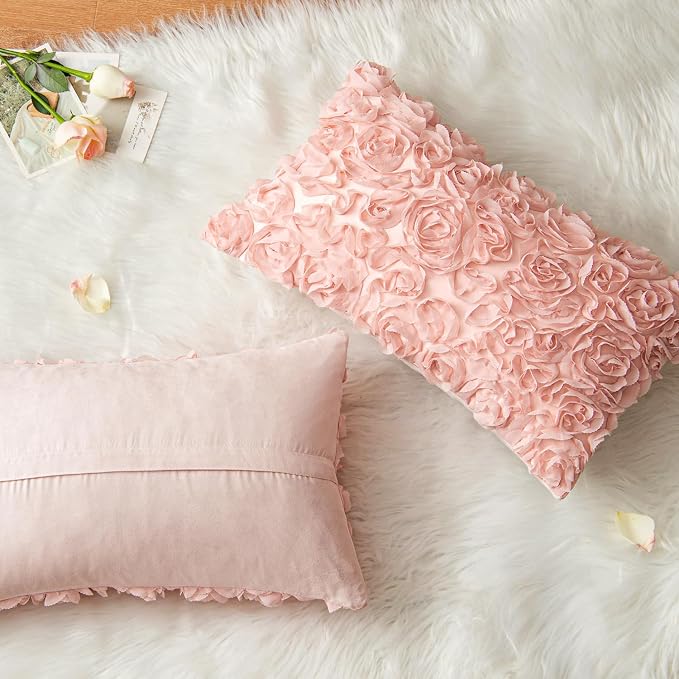 MIULEE Decorative Rose Flower Pillow Covers Pack of 2 Peach Pink 12x20 Inch | Cute Romantic Stereo Chiffon Throw Pillow Cover Aesthetic Solid Pillowcase for Girl Coquette Room Decor Coach Bedroom