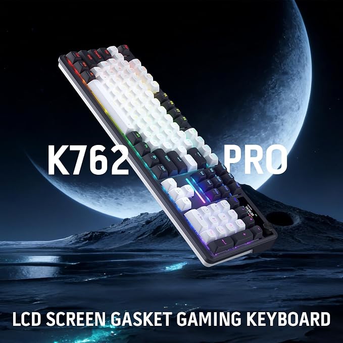 Redragon K762 PRO Wireless 104-Key Gasket Gaming Keyboard, Screen & Knob | Easy-Control LED Info Display, 0-Delay Tri-Mode, Cushioned 5-Layer Noise Dampening for Creamy Thocky Sound, Full-Size 104-Key