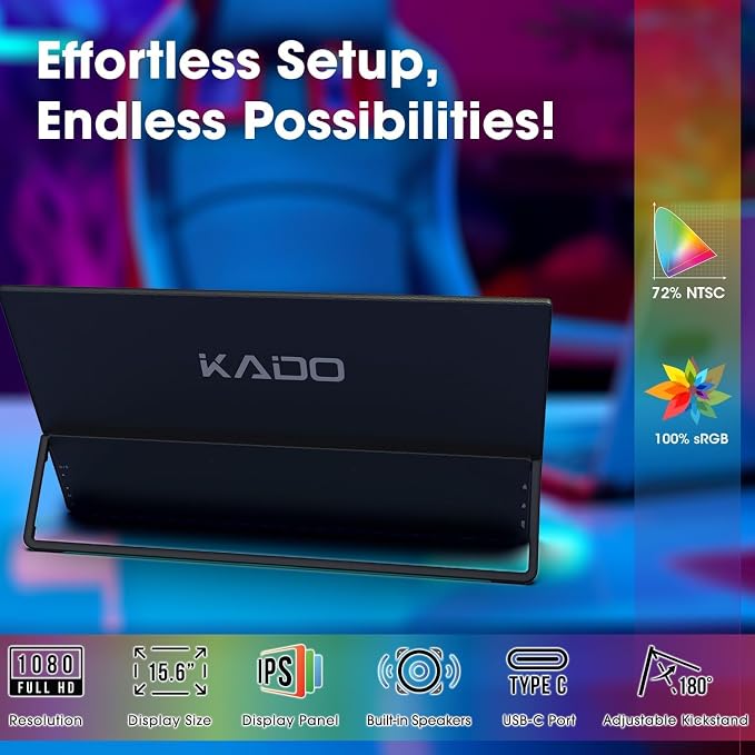 Kado 15.6" 1080p 75Hz Portable Monitor for Laptop, 100% sRGB Second Display | FHD 45W Reverse Charge HDMI USB-C IPS Laptop Screen Extender, 180° Kickstand for PC, Mac, Dex, Tablet, Xbox, PS4/PS5, Switch