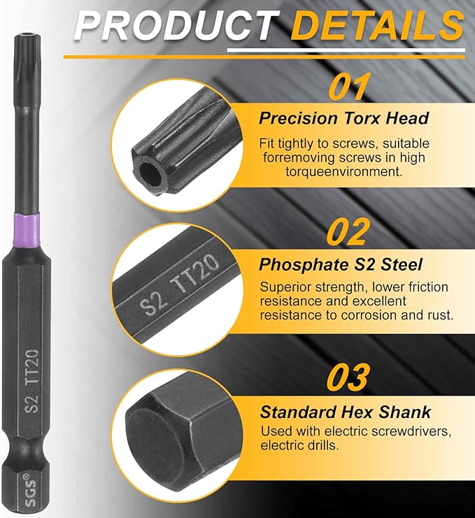 HARFINGTON TT20 Torx Head Impact Screwdriver Bits 1/4" Hex Shank 2.8" (70mm) Long Magnetic Tamper Proof 6 Point Star Screw Driver Drill Bits Phosphate S2 Steel Power Tools with Hole