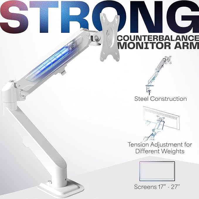 VIVO Heavy Duty Single Monitor Tension Arm for up to 27 inch Screens, Holds 14.3 lbs, Premium Desk Mount Stand, White, STAND-V101OW