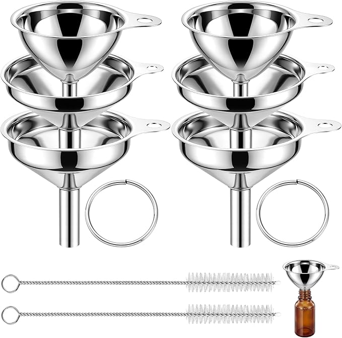 Mifoci 6 Pcs Stainless Steel Kitchen Funnels Set 3 Sizes Mini Food Grade Metal Funnels for Liquids, Oils, Powders & Spices Includes 2 Cleaning Brushes and Hanging Rings for Easy Storage