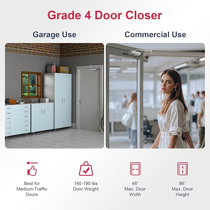 Automatic Garage Door Closer – HBL’ Adjustable Closing & Latching Speed, Durable Sprayed Aluminum, Easy Installation, Also Ideal for Commercial Use.