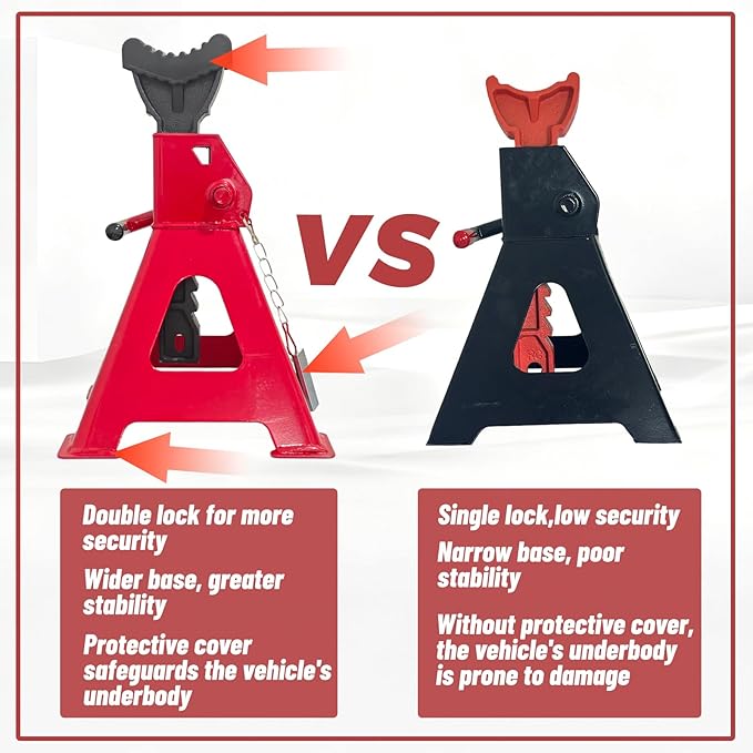 HENBOW Jack Stands，3 Ton Jack Stands with Solid Wheel Chocks，6600lbs Capacity,11"-16.33" Adjustable Car Lift Stands with Double Pin Locking,Black,1 Pair，Red