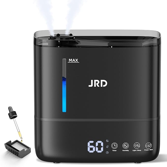 JRD Humidifiers for Bedroom, Ultrasonic Humidifier 4L for Large Room, Cool Mist Top-Fill, 40H Run, 12H Timer, 360° Nozzle, Aroma Diffuser, 7-Color Night Light for Home, Office, Baby, Pets, Plants