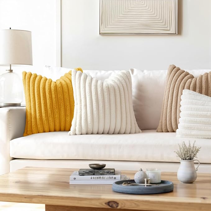 MIULEE Faux Fur Decorative Throw Pillow Covers 18x18 Set of 2 Beige | Cream White Modern Soft Plush Couch Pillows, Cozy Fluffy Cushion Covers for Sofa Bed Living Room Home Decor