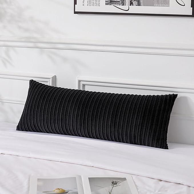 UGASA 14x36 Inch Pillow Cover Pack of 1 Soft Boho Stripe Corduroy Large Long Rectangular Lumbar Cushion Cover Farmhouse Decorative Throw Pillowcase for Bed, Couch, Sofa, Bedroom, Living Room, Black