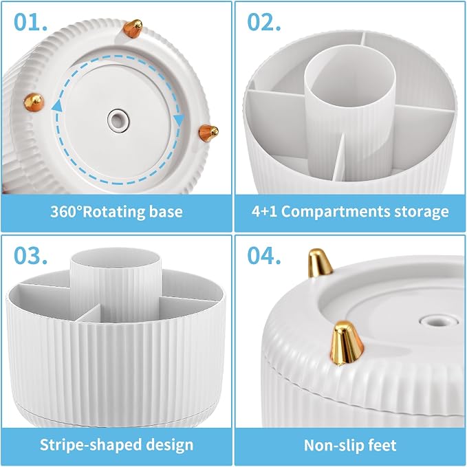 Marbrasse Desk Organizer, 360-Degree Rotating Pen Holder, Desk Organizers and Accessories with 5 Compartments Pencil Holder, Art Supply Storage Box Caddy for Office, Home（White）