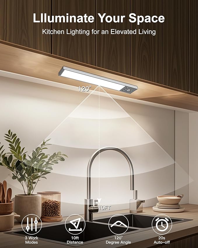 Diomart Wireless Under Cabinet Lighting with Motion Sensor, Dimmable LED Closet Lights, 1500mAh Rechargeable Battery, Magnetic Mount for Kitchen, Stairs, Closet - 3Pack