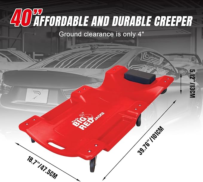BIG RED TRP6240 Torin Blow Molded Plastic Rolling Garage/Shop Creeper: 40" Mechanic Cart with Padded Headrest, Dual Tool Trays and 6 Casters, Red