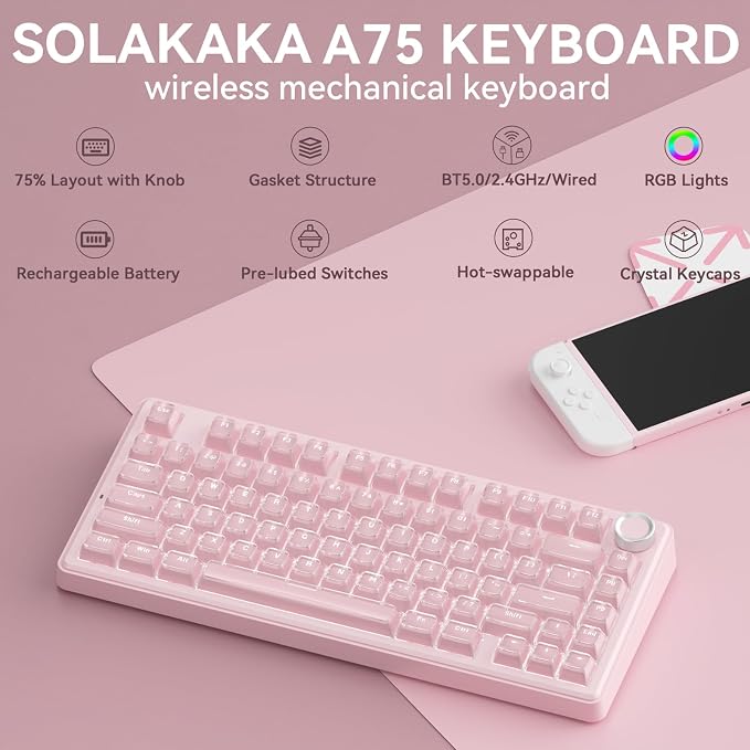 SOLAKAKA A75 Wireless Gaming Keyboard with Multifunction Knob, BT5.0/2.4GHz/USB-C, 75% Mechanical Keyboard, Hot-Swappable, Gasket Creamy Keyboard with RGB Backlit, Crystal Keycaps, for PC/Mac/PC