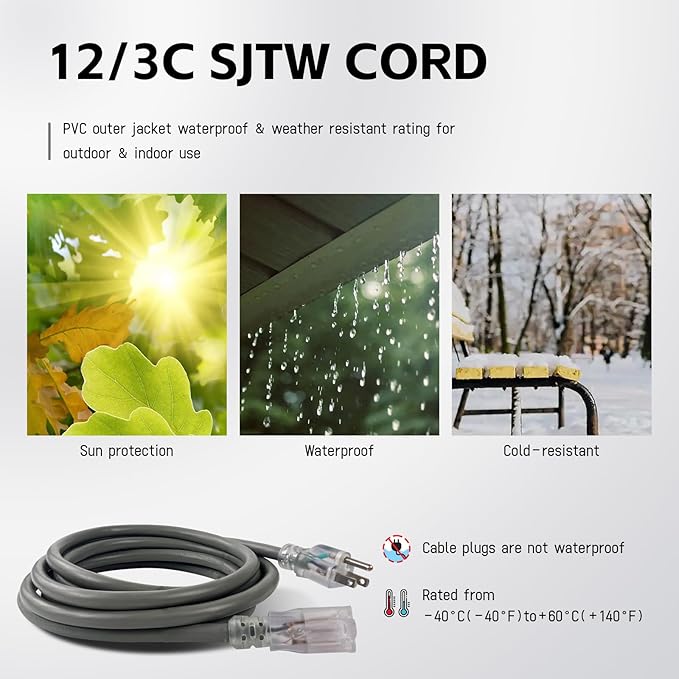 EP 10 Ft Lighted Outdoor Extension Cord - 12/3 SJTW Heavy Duty Grey Extension Cable with 3 Prong Grounded Plug - Power Cord for Lawn, Garden, Appliances