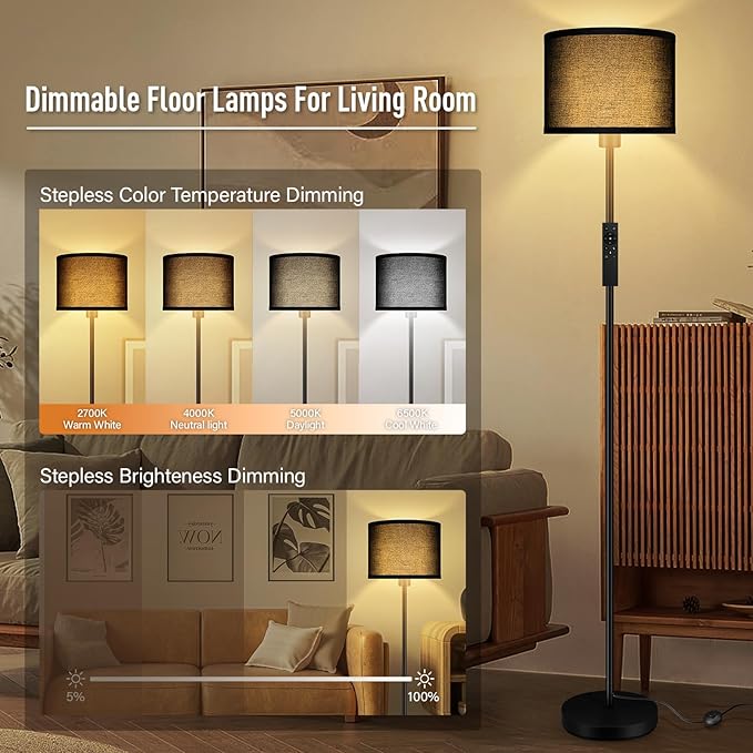 Floor Lamps for Living Room, Stepless Dimmable Floor Lamp with Remote, 2700K-6500K Colors Temperature & Brightness Adjustable,10W/1200LM Black LED Floor Lamp,Modern Standing Lamp for Bedroom/Office
