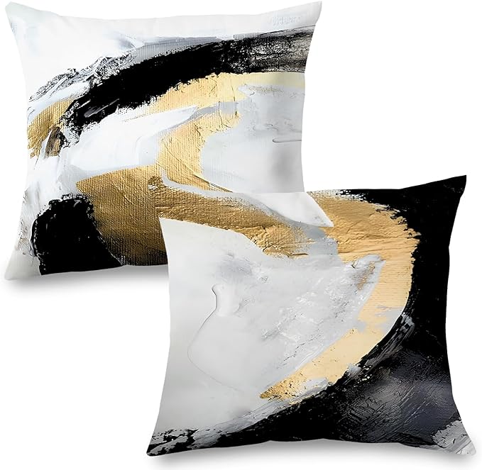 Abstract Black White and Gold Pillow Covers 24x24 Set of 2 - Modern Pillow Covers, Modern Home Decor, Black and Gold Decorative Pillows Cover for Couch Living Room Bedroom