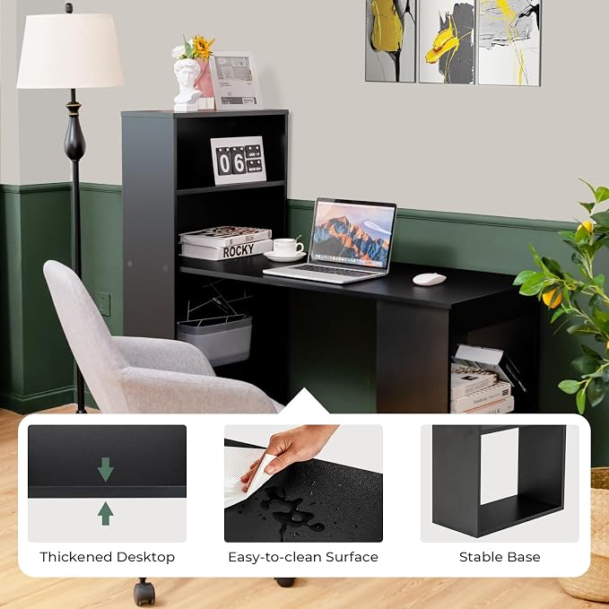 GRAFFY Computer Desk with 6 Storage Shelves - 48" Reversible Writing Desk Workstation with Bookshelf and CPU Stand, Modern Compact Office Desk for Bedroom, Study, Home, Office (Black)