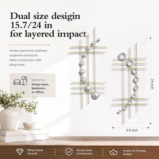 ZEXUIRU 2 Pcs Abstract Metal Art for Wall Decor Living Room Bedroom Bathroom Office Metal Bling Modern Geometric Hanging Vertical Small Iron Sculpture Plaque Pack -Gold 24in