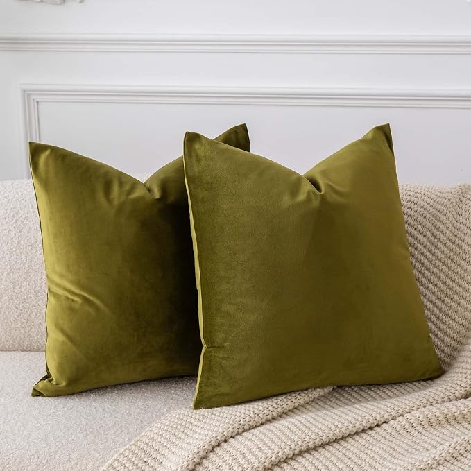 24x24 Velvet Throw Pillow Covers Set of 2 for Couch Sofa Bed,Olive Green | JUSPURBET Decorative Pillow Covers with Invisible Zipper for Modern Living Room Bedroom Home Decor