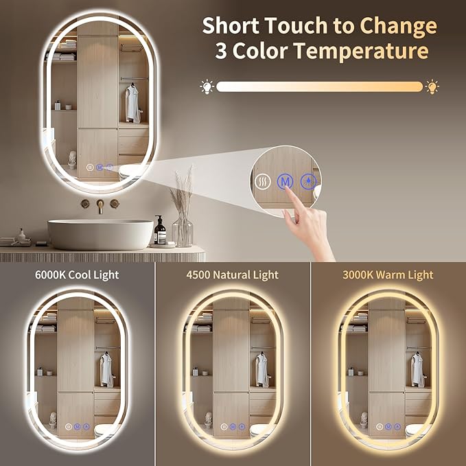 Oval LED Bathroom Mirror, 22"x 36" Frameless LED Mirror with Front Light and Backlit, Anti-Fog, Dimmable Modern Wall Mounted Lighted Mirror，Pill-Shaped Smart Mirror Bathroom