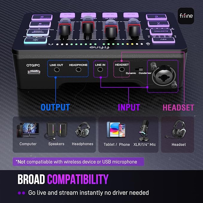 FIFINE Gaming Audio Mixer, Streaming RGB PC Mixer with XLR Microphone Interface, Individual Control, Volume Fader, Mute Button, 48V Phantom Power, for Podcast/Recording/Vocal/Game Voice-AmpliGame SC3 | USB PnP For PC,Mute Button,XLR Preamp,RGB,Voice ch...