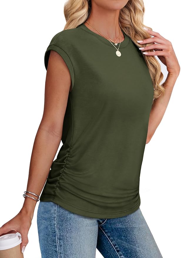 Sampeel Womens Summer Tops Trendy 2026 Ruched Cap Short Sleeve Tshirts Shirts Crew Neck T Shirts Fashion