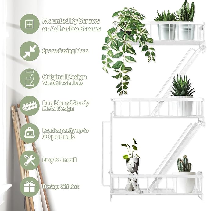 Fire Escape Shelf - 3 Tier White Wall Display Floating Shelves, Metal Decorative Shelving for Bedroom, Home Décor, Action Figure Display