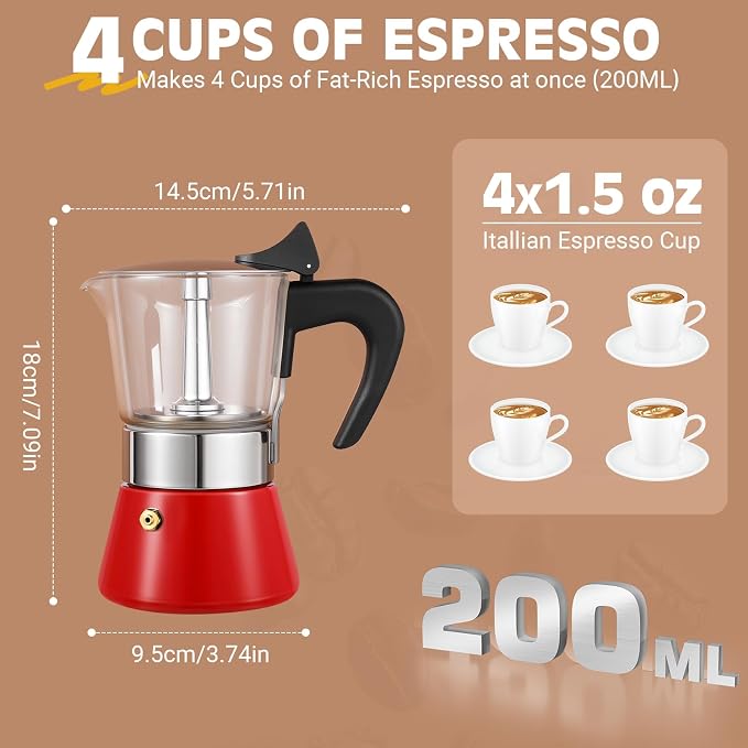 4 Cup 200ml Glass Moka Pot, Stovetop Espresso Maker, Red | Crystal Glass-top & Stainless Steel Coffee Maker, Induction Compatible, for Greca de Cafe, Cuban and Italian Coffee Brewing