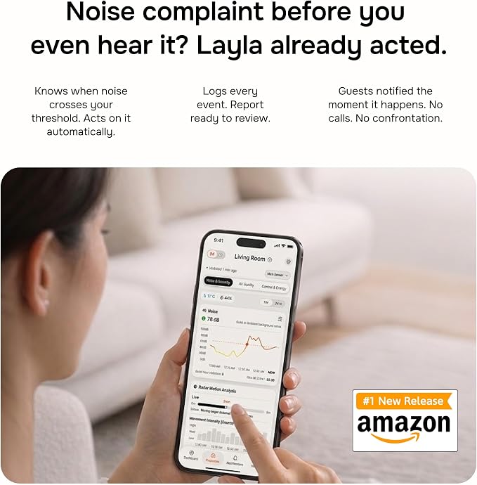 Layla Noise & Security Monitoring Device for Airbnb, Rental, Office & Home | Noise, Humidity & Occupancy Sensor, Intruder Detection, Guest Counting | Radar-Based Motion Detection | Privacy-Safe