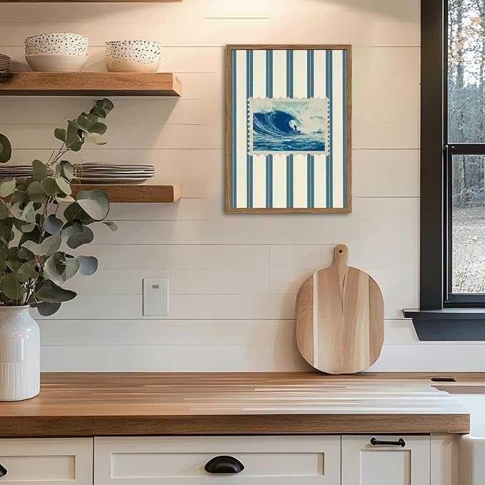 Vintage Surf Stripe Wall Art Trendy Coastal Wall Decor Painting Blue and White Beach Surf Poster Canvas Print for Bedroom Living Room Bathroom 16x24 inch Wood Framed