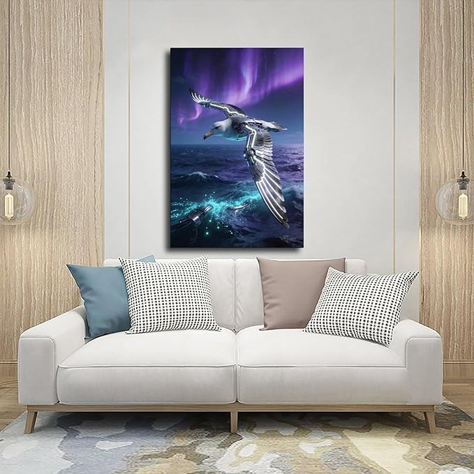 Framed Steampunk Mechanical Seagull Wall Art - Aurora Ocean Retro Poster for Bedroom Game Room Decor 16x24inch(40x60cm)
